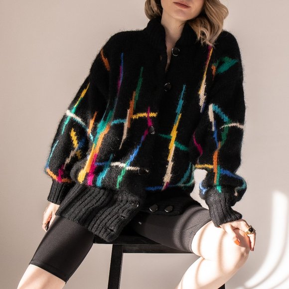 Vintage Sweaters - Vintage 80s mohair abstract stripe chunky cardigan
